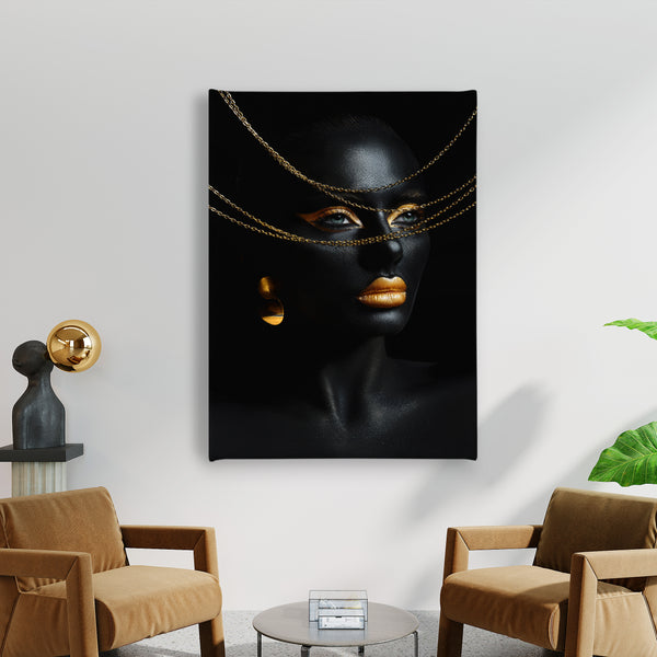 Canvas Fashion Wall Art, Black Skin Color Body Art Gold Jewelry, Glam Wall Poster