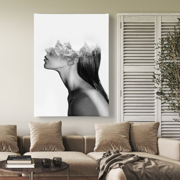 Canvas Fashion Wall Art, Side View Woman & Mountains, Glam Wall Poster