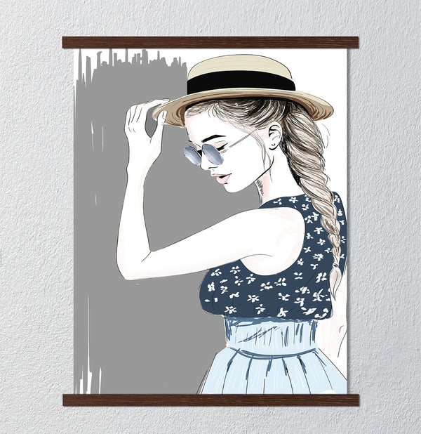 Canvas Fashion Wall Art, Girl in straw hat, Glam Wall Poster