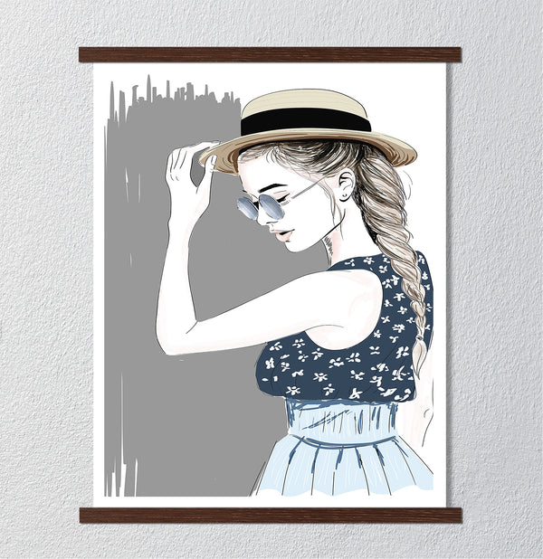 Canvas Fashion Wall Art, Girl in straw hat, Glam Wall Poster