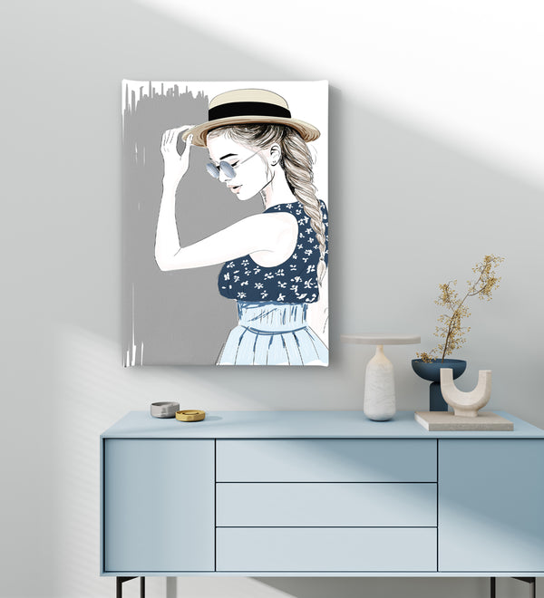 Canvas Fashion Wall Art, Girl in straw hat, Glam Wall Poster