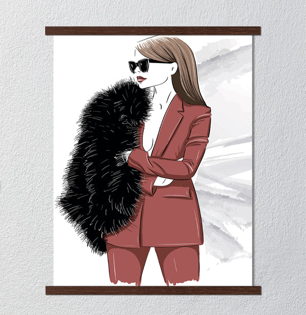 Canvas Fashion Wall Art, Stylish woman in fur and glasses, Glam Wall Poster