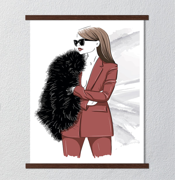 Canvas Fashion Wall Art, Stylish woman in fur and glasses, Glam Wall Poster