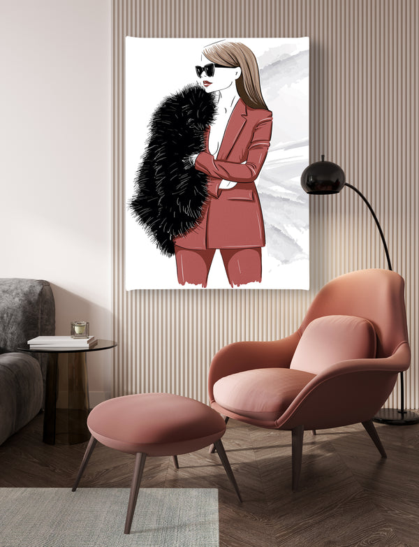 Canvas Fashion Wall Art, Stylish woman in fur and glasses, Glam Wall Poster