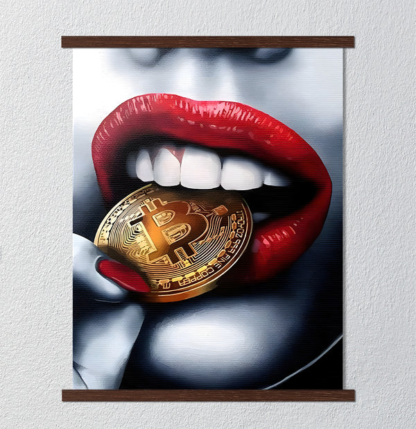 Canvas Fashion Wall Art, Red Lips & Gold Bitcoin, Glam Wall Poster