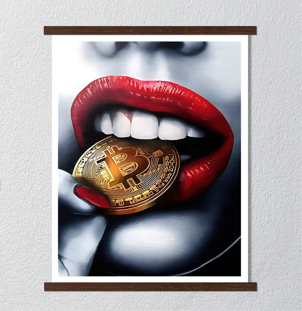 Canvas Fashion Wall Art, Red Lips & Gold Bitcoin, Glam Wall Poster