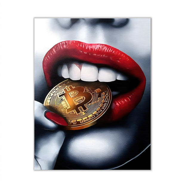 Canvas Fashion Wall Art, Red Lips & Gold Bitcoin, Glam Wall Poster