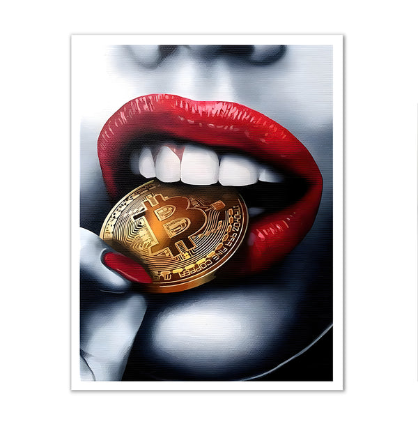 Canvas Fashion Wall Art, Red Lips & Gold Bitcoin, Glam Wall Poster