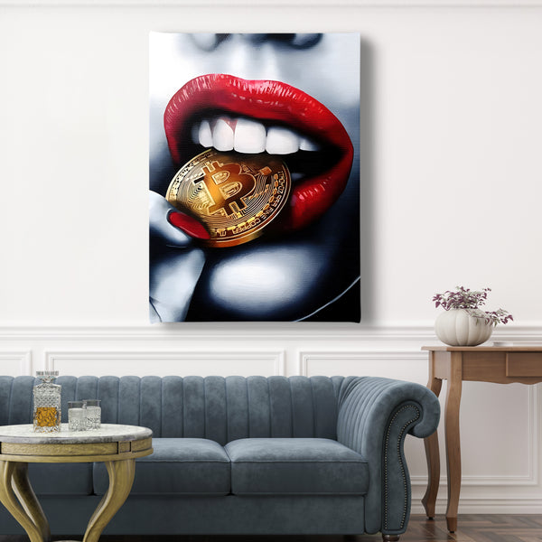 Canvas Fashion Wall Art, Red Lips & Gold Bitcoin, Glam Wall Poster