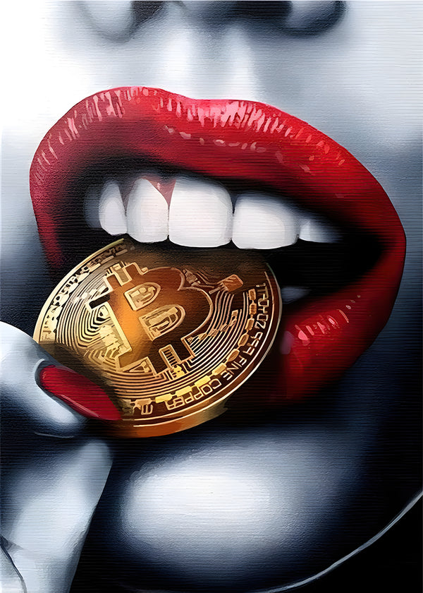 Canvas Fashion Wall Art, Red Lips & Gold Bitcoin, Glam Wall Poster