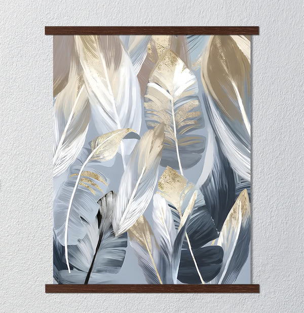 Canvas Fashion Wall Art, Gold & Blue Feathers, Glam Wall Poster