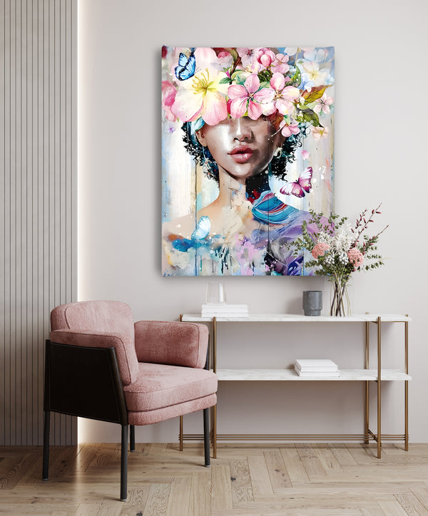 Canvas Fashion Wall Art, Flowers, Butterflies and Girl, Glam Wall Poster