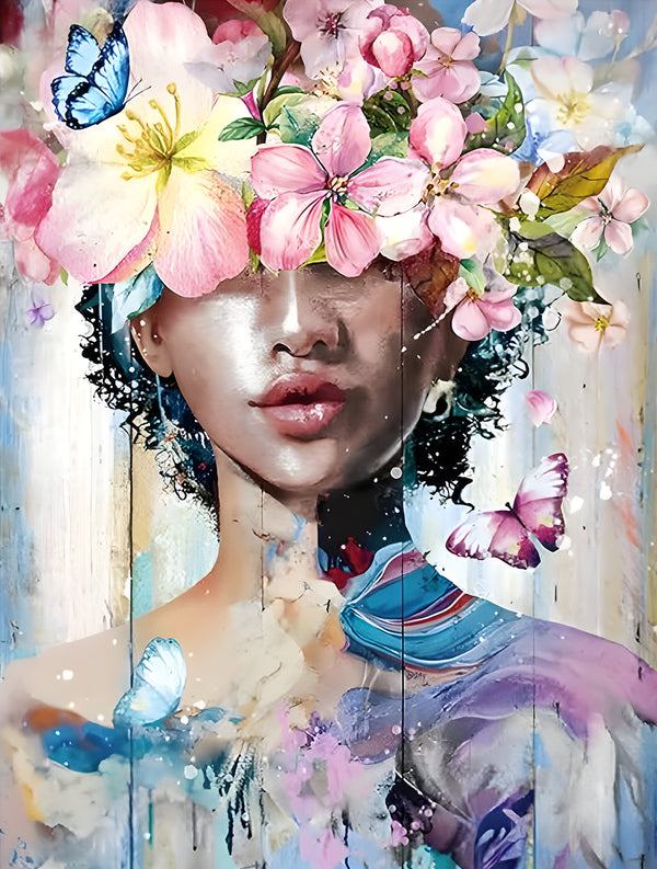 Canvas Fashion Wall Art, Flowers, Butterflies and Girl, Glam Wall Poster