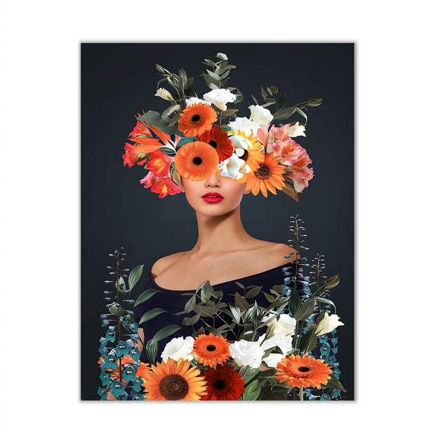 Canvas Fashion Wall Art, Abstract Lady with Flowers, Glam Wall Poster