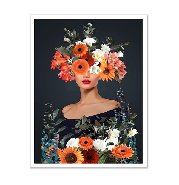 Canvas Fashion Wall Art, Abstract Lady with Flowers, Glam Wall Poster