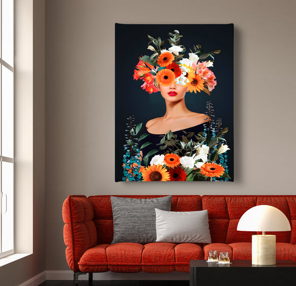 Canvas Fashion Wall Art, Abstract Lady with Flowers, Glam Wall Poster