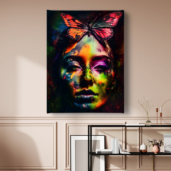 Canvas Fashion Wall Art, Colorful Girl with Butterfly, Glam Wall Poster