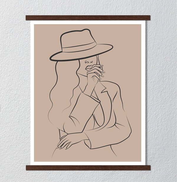 Canvas Wall Art, Fashion Woman with Hat, Minimalist Wall Poster