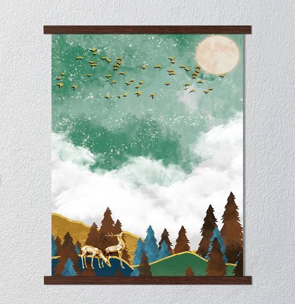 Canvas Wall Poster, Abstract Green Forest and Gold Deers, Wall Art