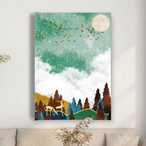 Canvas Wall Poster -  Abstract Green Forest and Gold Deers 