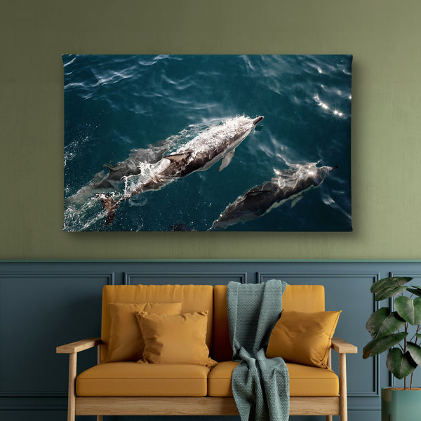 Canvas Wall Art, Dolphin Fishes Deep Blue Ocean, Wall Poster