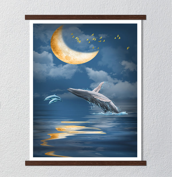 Canvas Wall Art, Whale and Moon, Wall Poster