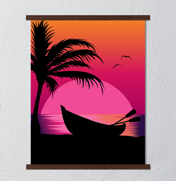 Canvas Wall Art, Beach Silhouette, Palm Trees, Sunset, Ocean, Wall Poster