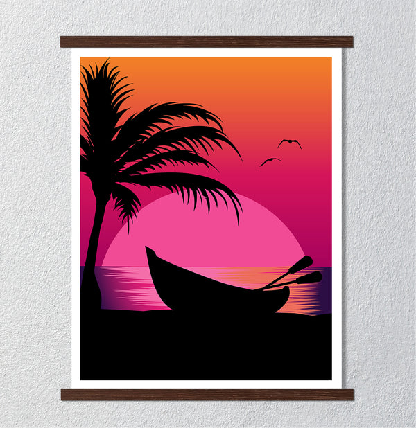 Canvas Wall Art, Beach Silhouette, Palm Trees, Sunset, Ocean, Wall Poster