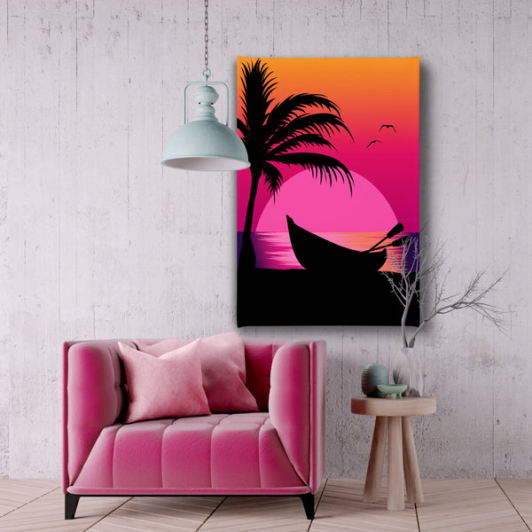 Canvas Wall Art, Beach Silhouette, Palm Trees, Sunset, Ocean, Wall Poster