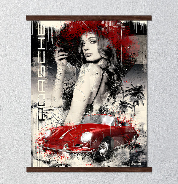 Canvas Wall Art, Woman & Retro Red Porsche Car, Wall Poster