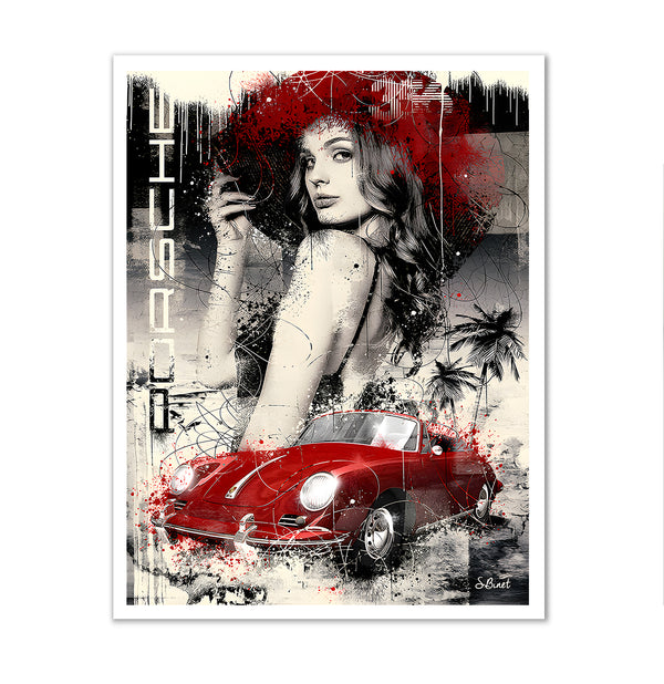 Canvas Wall Art, Woman & Retro Red Porsche Car, Wall Poster