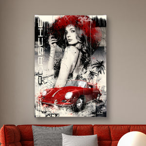 Canvas Wall Art - Woman & Retro Red Porsche Car