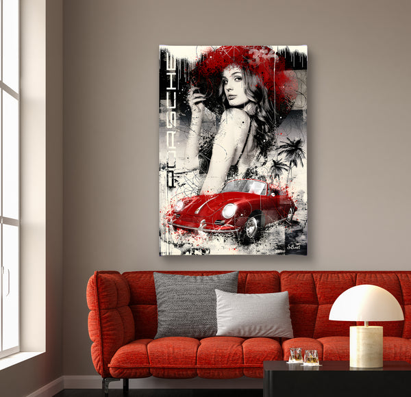 Canvas Wall Art, Woman & Retro Red Porsche Car, Wall Poster