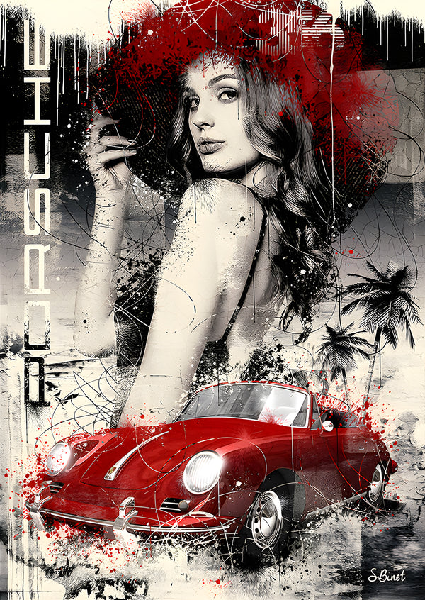 Canvas Wall Art, Woman & Retro Red Porsche Car, Wall Poster