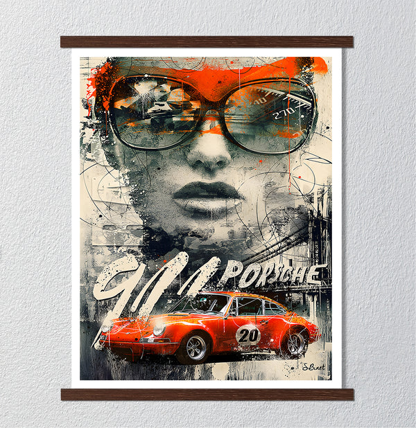 Canvas Wall Art, Girl & Retro Porsche Car, Wall Poster