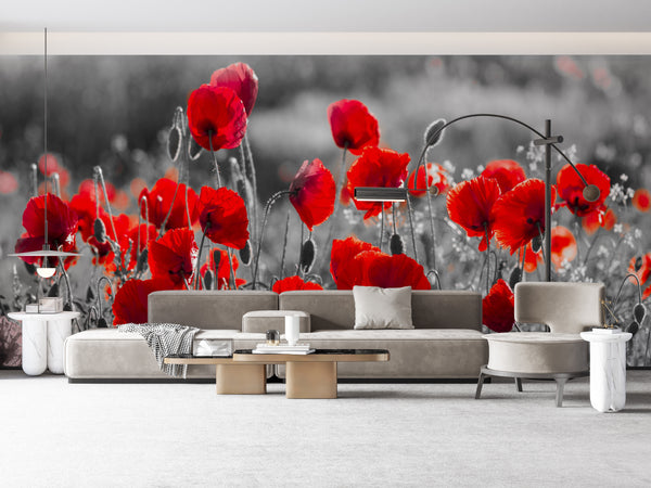 Flower Wallpaper, Non Woven, Red Flowers Field Wallpaper, Poppy Wall Mural