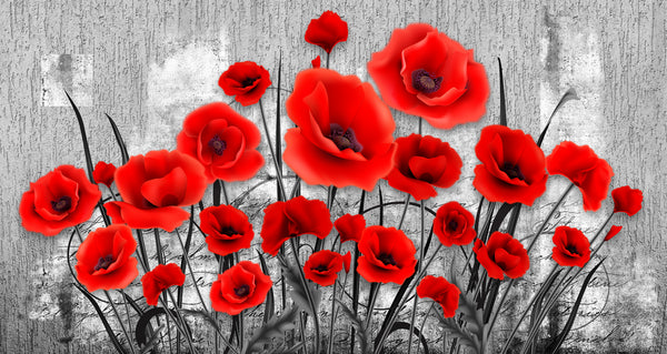 Flower Wallpaper, Non Woven, Red Poppy Flowers Wallpaper, Black & White Floral Wall Mural