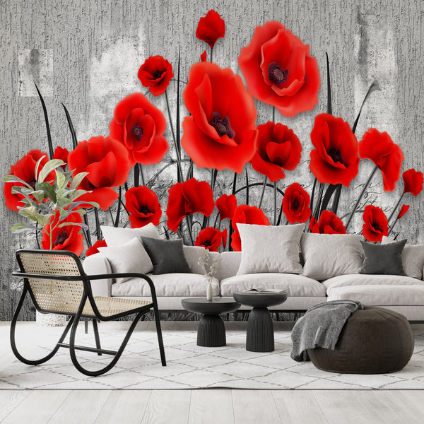 Flower Wallpaper, Non Woven, Red Poppy Flowers Wallpaper, Black & White Floral Wall Mural