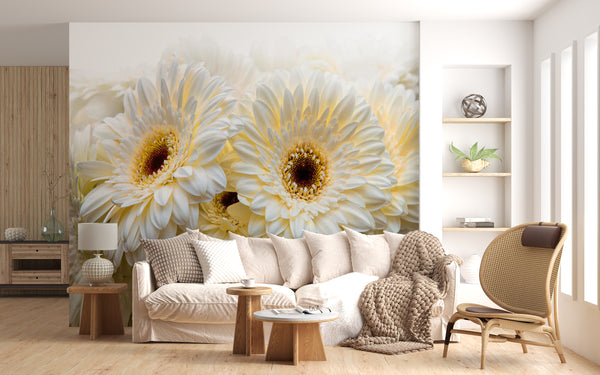 Flower Wallpaper, Non Woven, White Large Flowers Wallpaper, White petaled flower Wall Mural