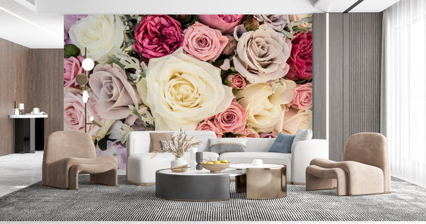 Flower Wallpaper, Non Woven, Multi-colored Rose Flowers Wallpaper, Floral Wall Mural