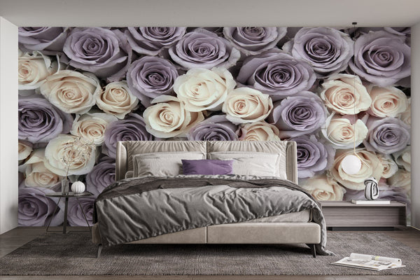 Flower Wallpaper, Non Woven, Pale Purple & White Rose Flowers Wallpaper, Floral Wall Mural