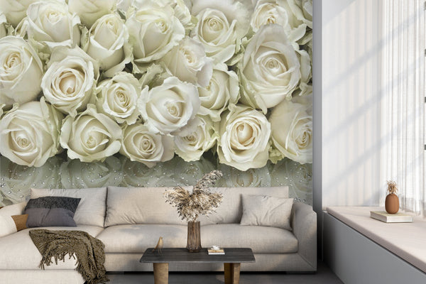 Flower Wallpaper, Non Woven, White Rose Flowers Wallpaper, Raindrops Wall Mural