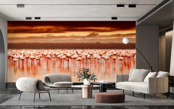 Ocean & Sea Wallpaper Mural, Pink Flamingo Birds, Sunset Sea Wallpaper, Non Woven, Nature Wall Mural