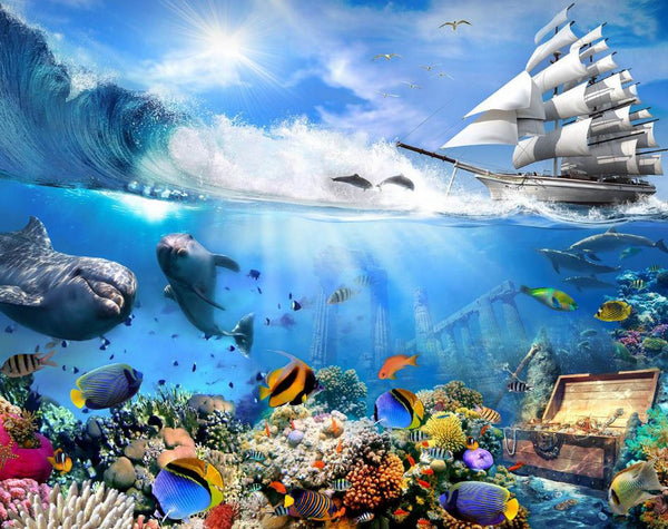 Ocean & Sea Wallpaper Mural, Sealife, Colorful Fishes, Wallpaper, Non Woven, Pirate ship, Ocean Wall Mural