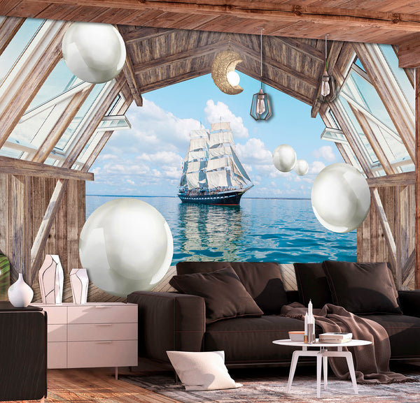 Seascape Wallpaper Mural, Pirate ship, Ocean Wallpaper, Non Woven, Nature Wall Mural