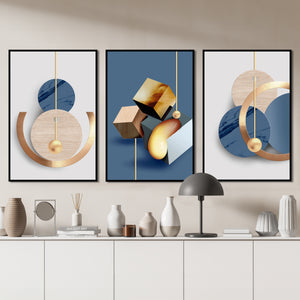  Set of 3 Prints - Abstract Luxury Gold & Blue Geometry Wall Art Triptych