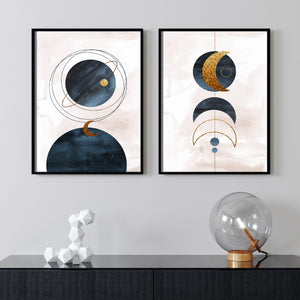  Set of 2 Prints - Abstract Planets & Moon Double Wall Art