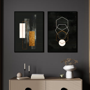  Set of 2 Prints - Abstract Black & Gold Geometry Double Wall Art