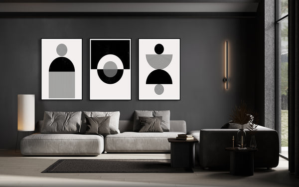 Black & White Geometry Wall Art Triptych, Set of 3 Prints
