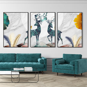  Set of 3 Prints - Abstract Reindeer Animal & Gold Feathers Wall Art Triptych